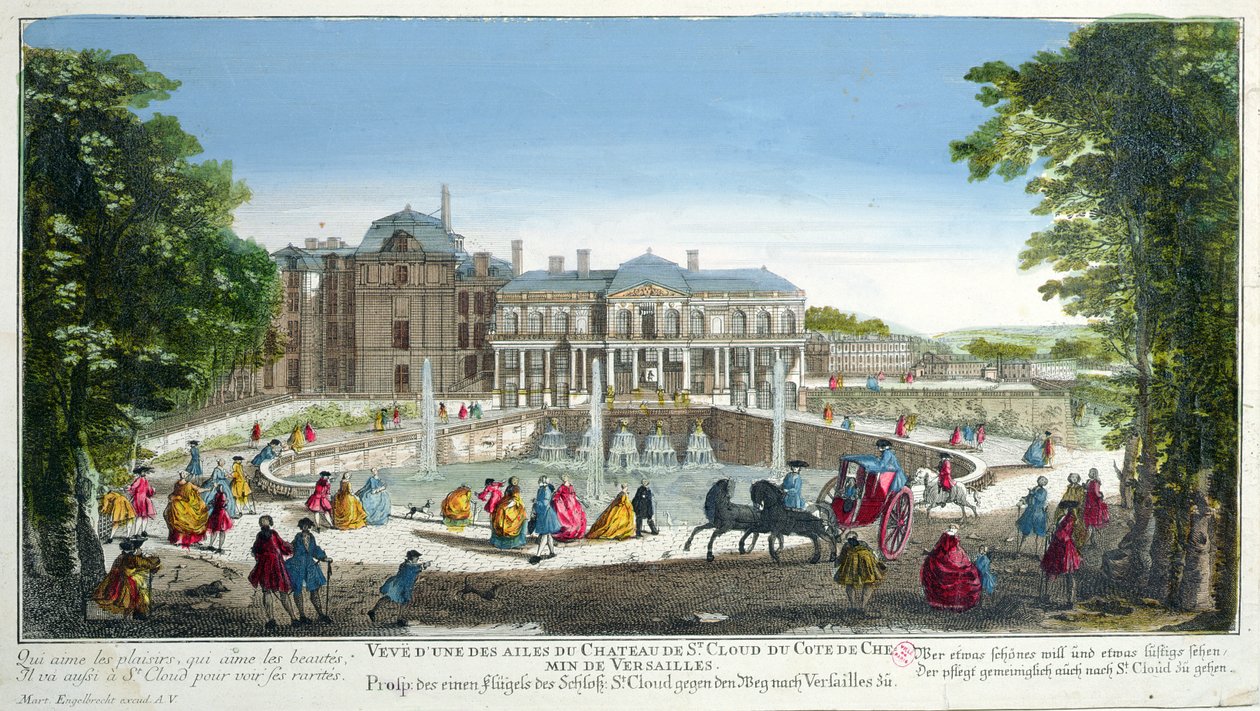 Kilátás a Chateau de Saint-Cloudra Versailles mellett, 18. század közepe (színes metszet) alkotó: Martin Engelbrecht