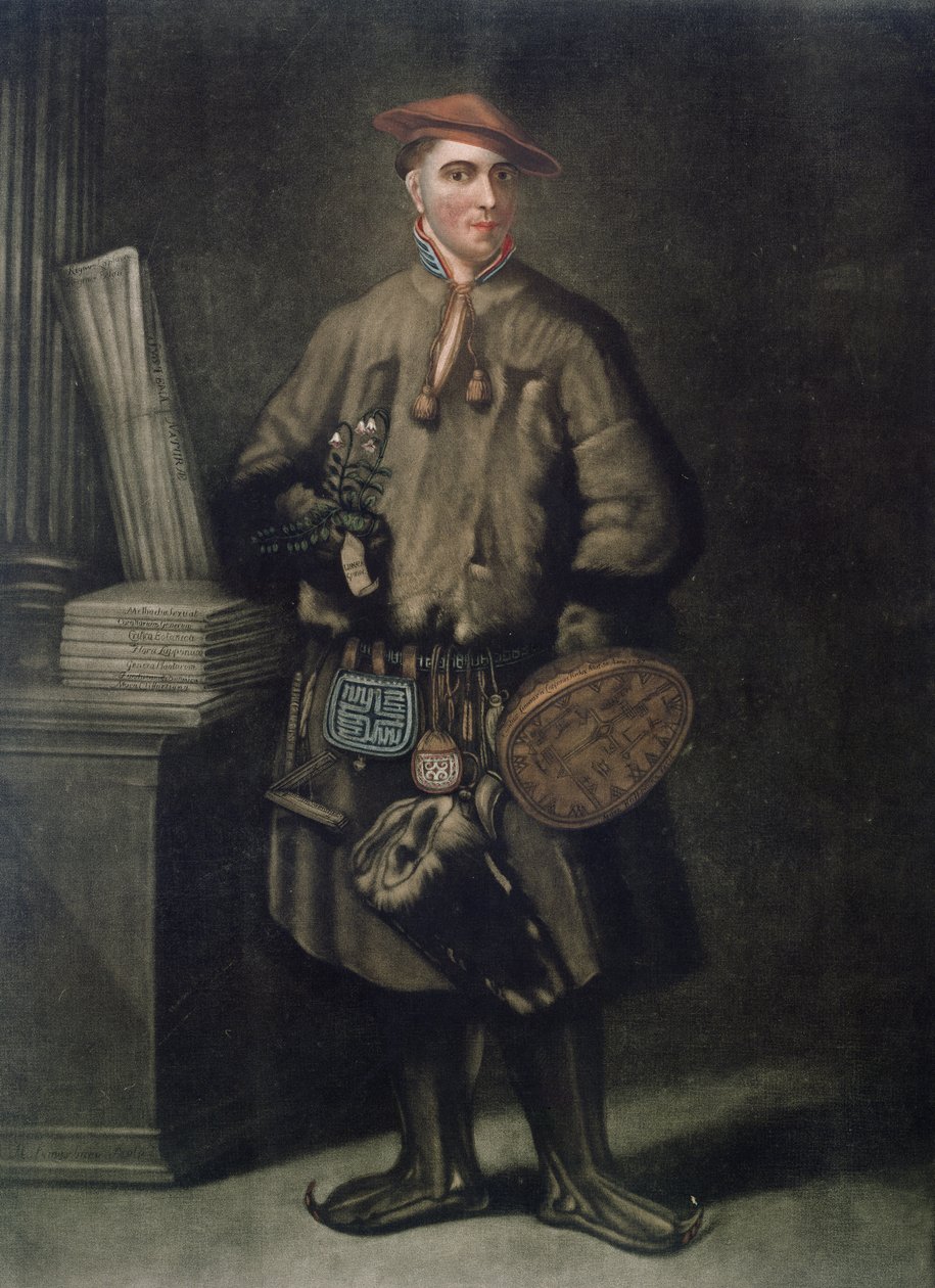 Carolus Linnaeus (1707-78) lappföldi ruhájában, Henry Kingsbury (fl.1775-98) metszetében, 1805-ben jelent meg alkotó: Martin Hoffman
