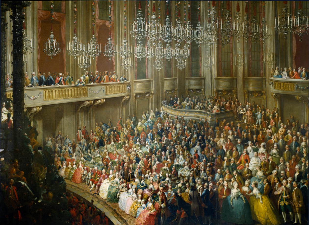 Ausztriai Mária Teréz (1717-1780), II. József (1741-1790) tiszteletére tartott ünnep, aki 1760.10.10-én pármai Izabella (Bourbon-Parma) (Bourbon Parma) császára és felesége lett, a fiatal Wolfgang Amadeus. Mozart (1756-1791) jelen van. Festmény a Sc alkotó: Martin II (school of) Mytens or Meytens