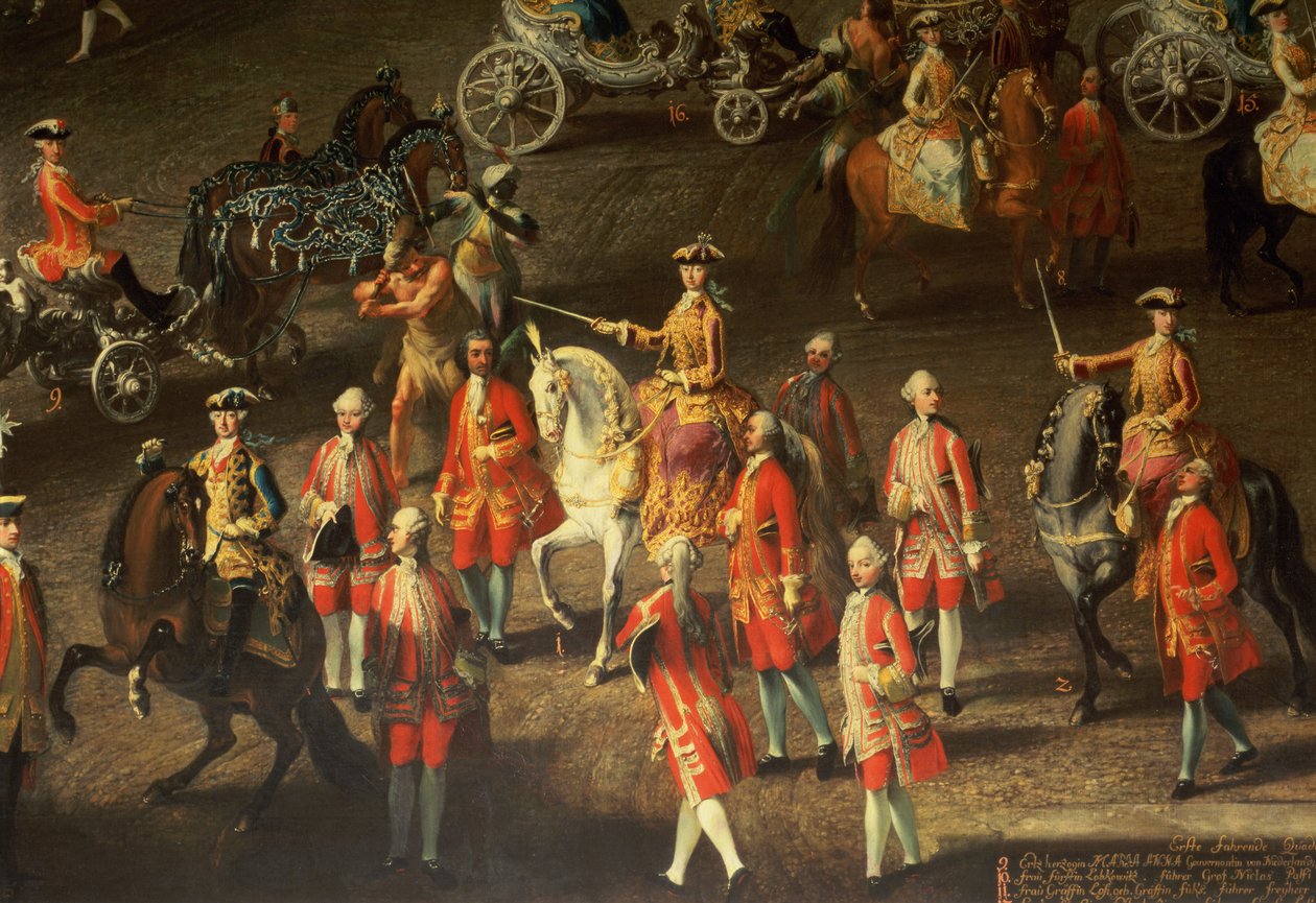 Kavalkád a Bécsi Hof Téli Lovardájában a francia hadsereg 1743-as prágai vereségének ünneplésére (részlet, Mária Terézia, Ausztria császárnője szürke lovon ülve) (részletek) alkotó: Martin II Mytens or Meytens