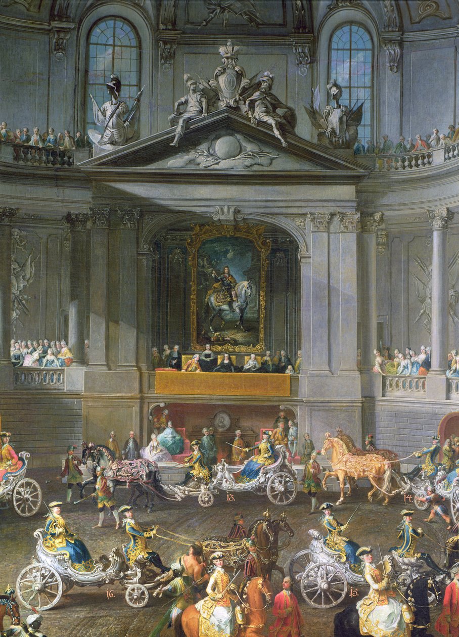 Kavalkád a Bécsi Hof Téli Lovardájában a francia hadsereg prágai vereségének megünneplésére VI. Károly császár lovas portréjával, 1743 részlet a 67400-ból, lásd még 665 alkotó: Martin II Mytens or Meytens