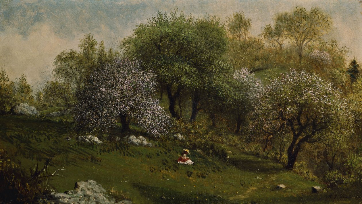 Lány a domboldalon, alma virágzik alkotó: Martin Johnson Heade