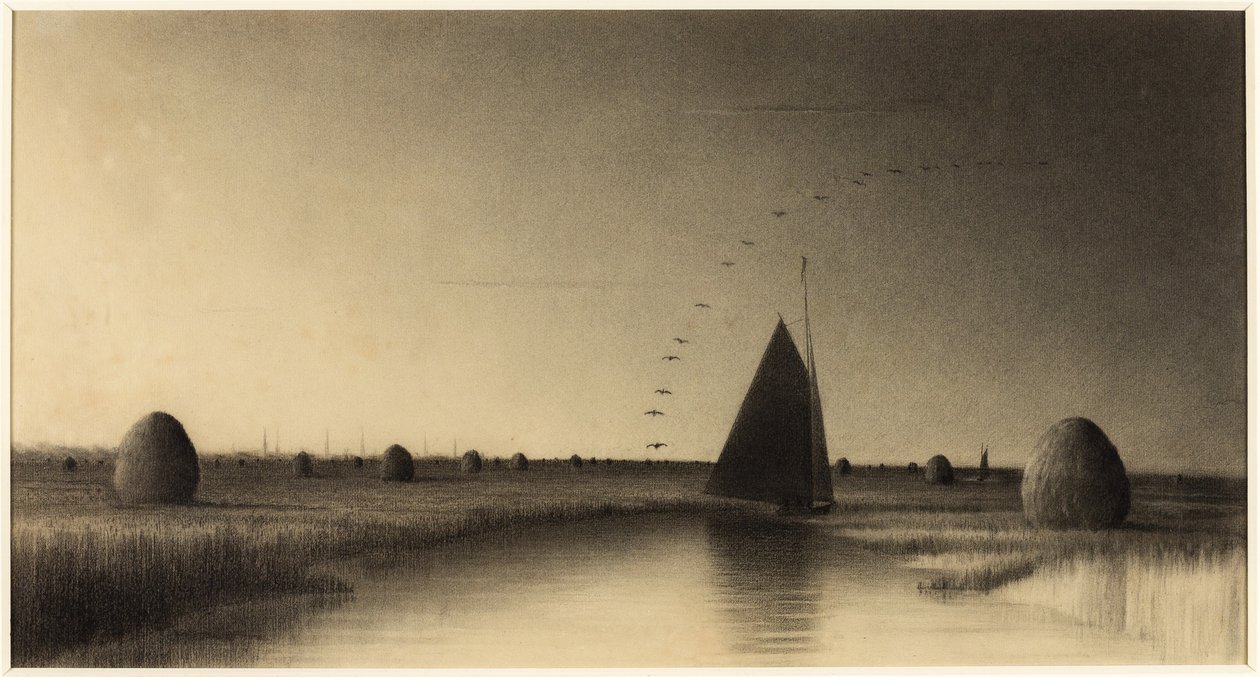 Vitorlás és szénakazalok a Newbury Marsh-on alkotó: Martin Johnson Heade