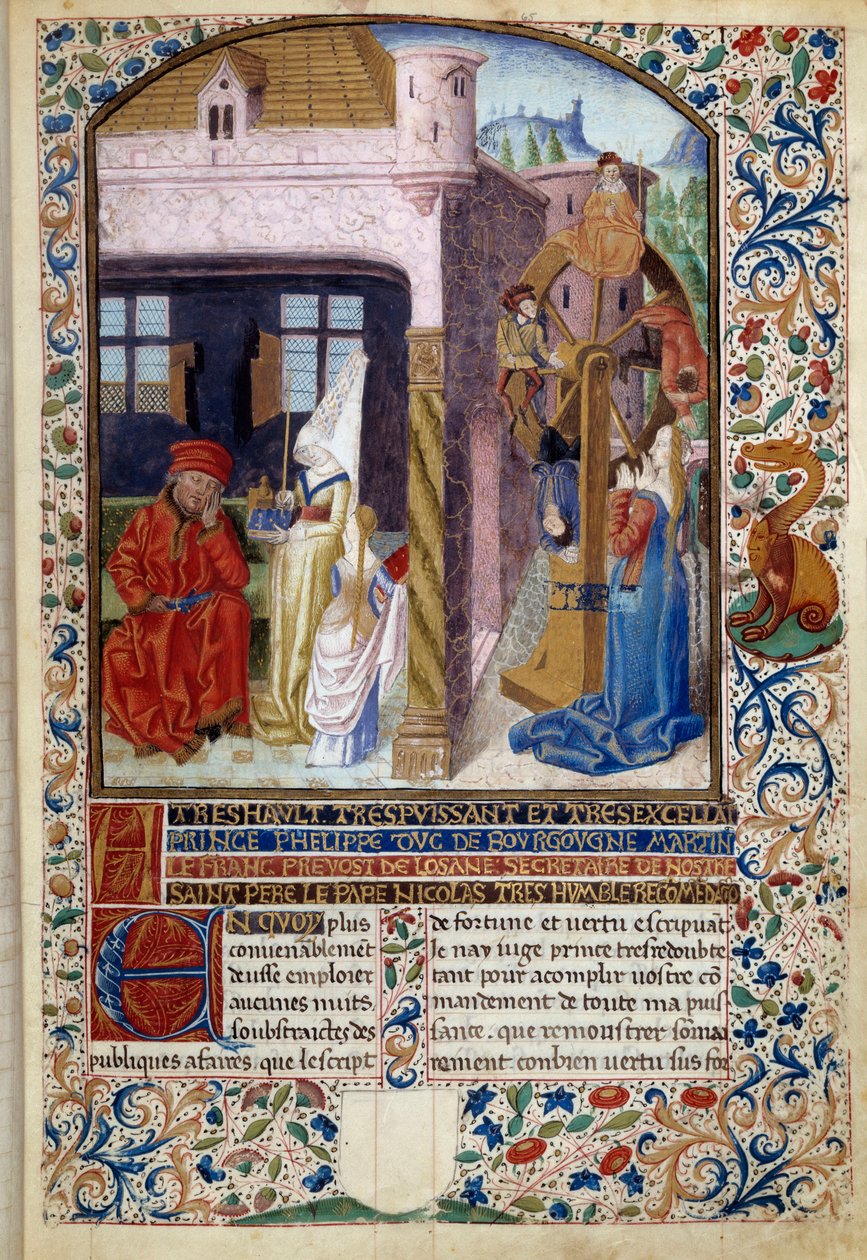 Szerencse allegóriája: egy fiatal nő ábrázolása a szerencsekerék közelében. Miniatűr Martin Le Franc (1410-1461) „A szerencse és erény szelleme” című művéből, 1447-1448, Paris B.N. alkotó: Martin Le Franc
