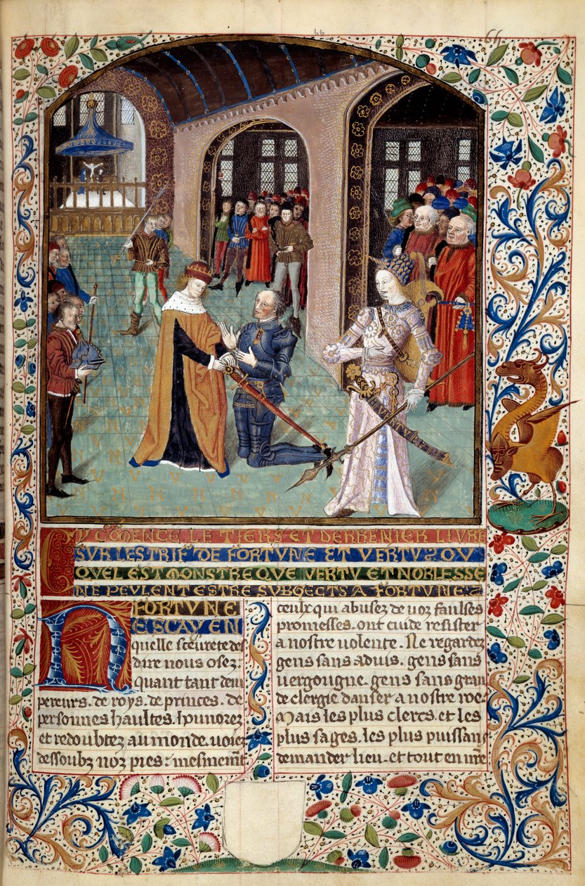 Erény allegóriája: vazallus adót fizet urának az Erény jelenlétében. Miniatűr Martin Le Franc (1410-1461) „A szerencse és erény szelleme” című művéből, 1447-1448, Paris B.N. alkotó: Martin Le Franc