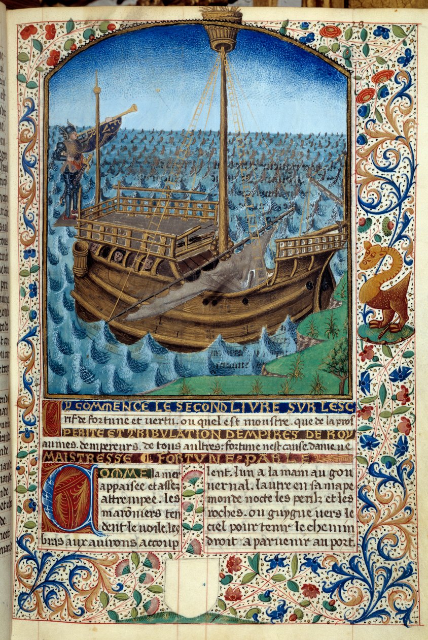 Hajóábrázolás a tengeren - Miniatűr Martin Le Franc (1410-1461) „A szerencse és erény szelleme” című könyvéből, 1447-1448 - Paris B.N. - Hajó a tengeren - Miniatűr festmény a „Szerencse és erény szelleme” kéziratból írta: Martin Le Franc (1410-1461) alkotó: Martin Le Franc
