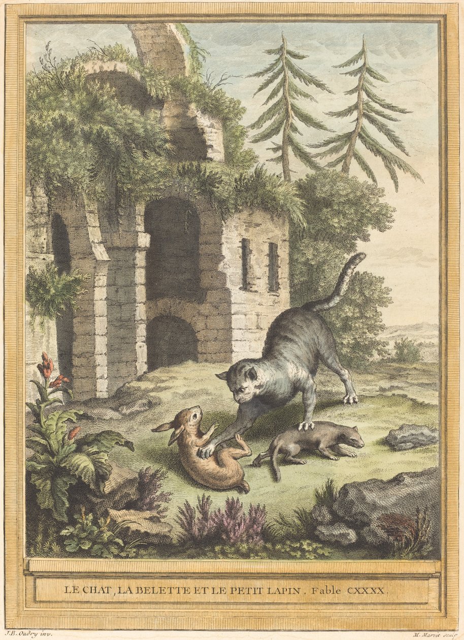 Le chat, la belette et le petit lapin (A macska, a menyét és a nyúl) alkotó: Martin Marvie after Jean Baptiste Oudry