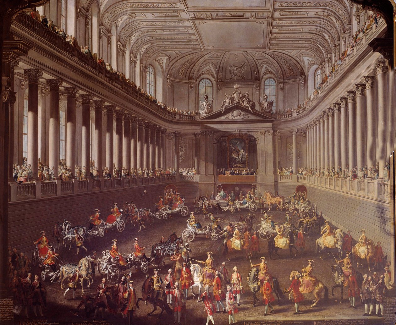 A bécsi spanyol manézs körhinta a franciák 1763-as prágai vereségét ünnepli, a fehér lovon osztrák Marie Teréz (1717-1780) képviselteti magát Martin Meytens (1695-1770) iskolájának festménye, 18. század Bécs. Kunsthistorische Mus alkotó: Martin Meytens the Younger
