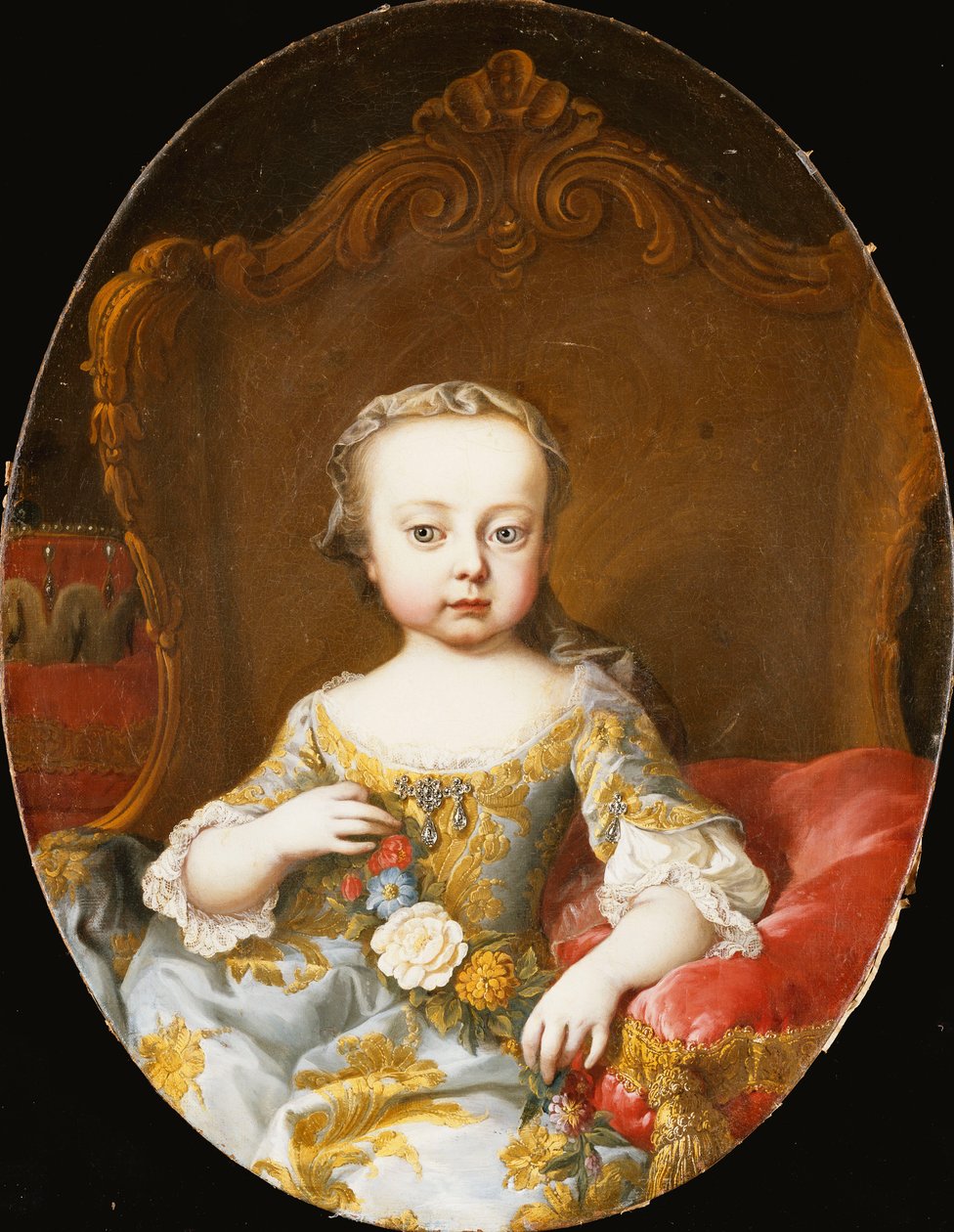Húga, Maria Christine főhercegnő portréja, ülve, háromnegyed hosszúságú, aranyhímzett kék ruhában, virágfüzérrel, alkotó: Martin Meytens the Younger