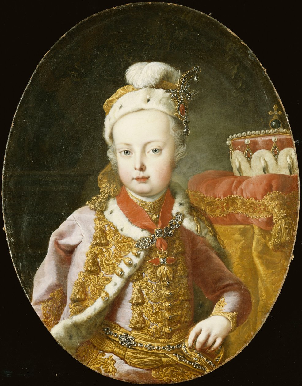 József főherceg, a későbbi II. József osztrák császár félhosszú portréja aranyhímzett rózsaszín bársonykabátban, hermelin szegéllyel, tollas sapkában, melyet bross díszít, és az Aranygyapjú rendet viseli, alkotó: Martin Meytens the Younger