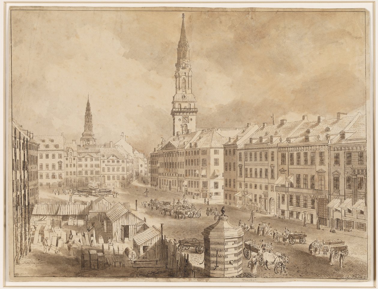 Nytorv és Gammel Torv Koppenhágában a Szent Péter és a Szűzanya templom tornyaival alkotó: Martin Rudolf Heland