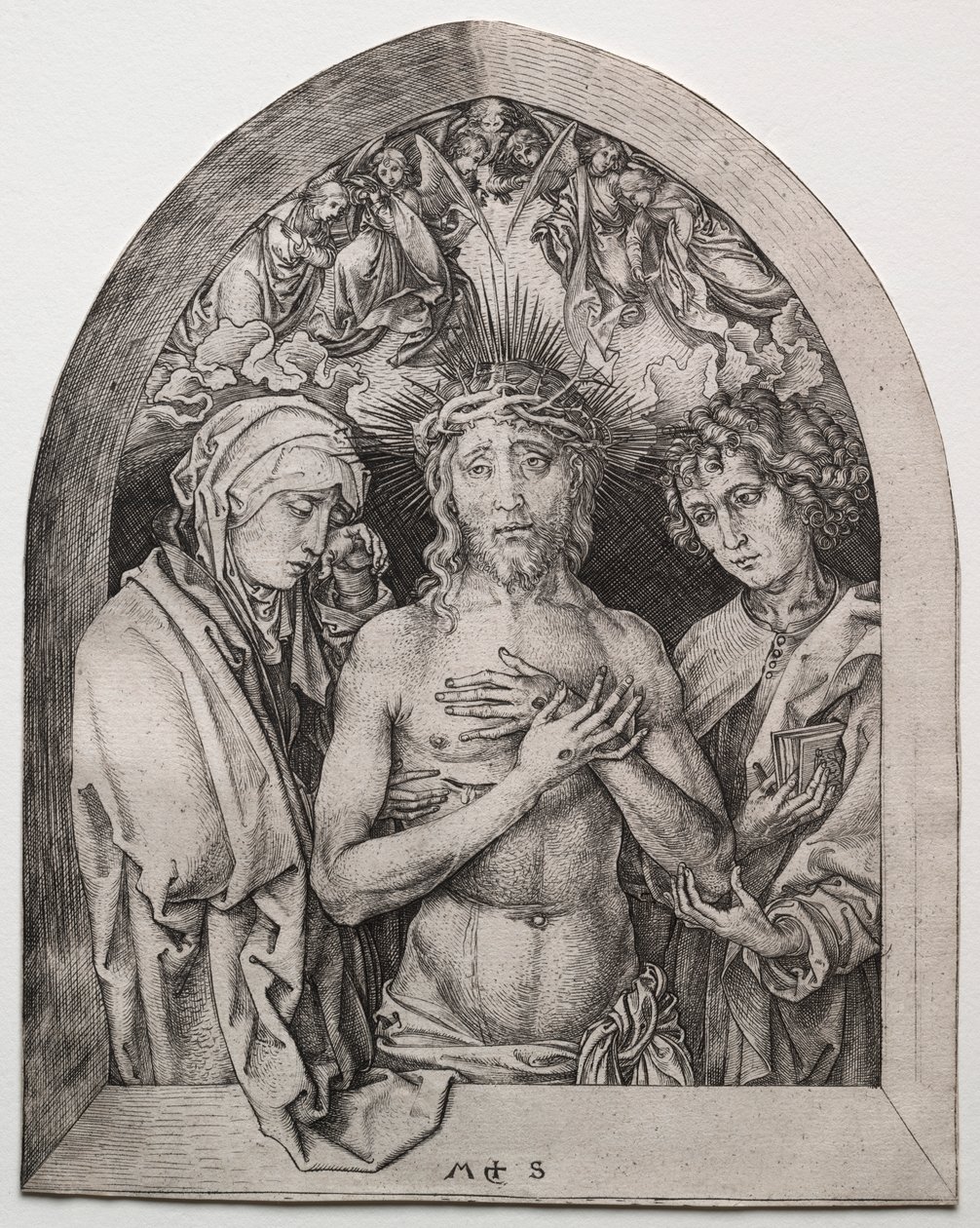 Krisztus mint a fájdalmak embere a Szűz és Szent János között alkotó: Martin Schongauer