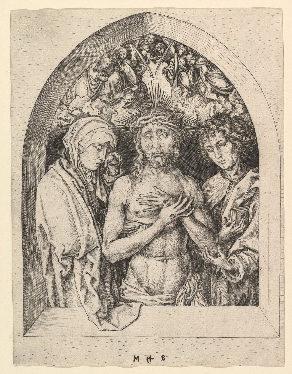 Krisztus, mint a fájdalmak embere a Szűzanyával és Szent Jánossal, kb. 1435-1491. alkotó: Martin Schongauer