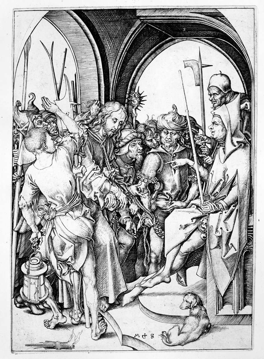 Krisztus Anna előtt (metszet) alkotó: Martin Schongauer