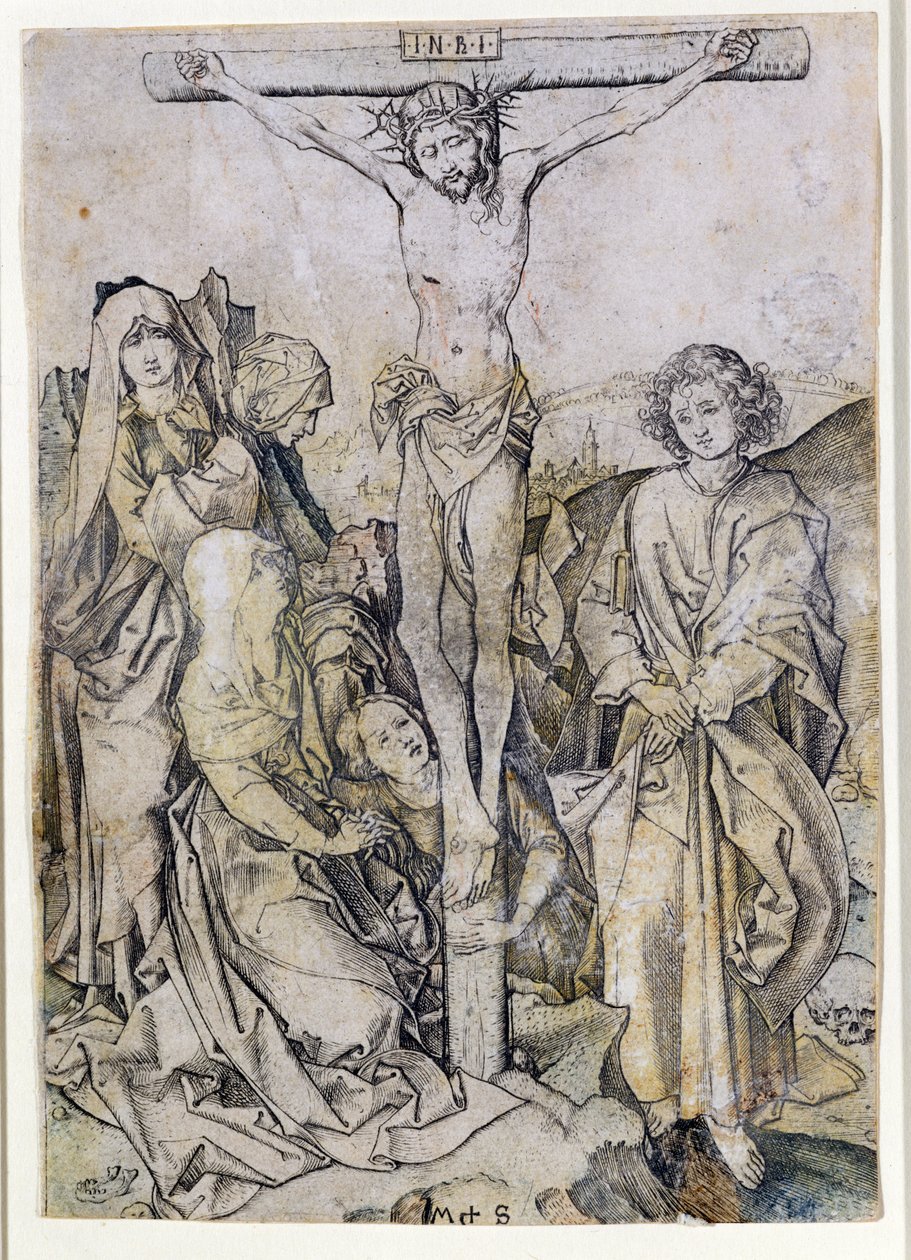 Krisztus a kereszten, a Szűzanyával és Szent Jánossal (metszet) alkotó: Martin Schongauer