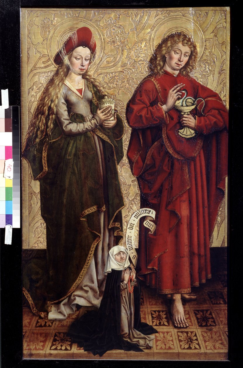 János apostol, Mária Magdolna és adományozó. Martin Schongauer festménye (1445 körül vagy 1450-1491). Olaj, fa alkotó: Martin Schongauer