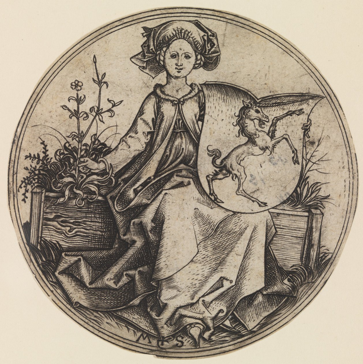 Ülő hölgy, aki pajzsot tart egy unikornissal, kb. 1435-1491., kb. 1435-1491. alkotó: Martin Schongauer