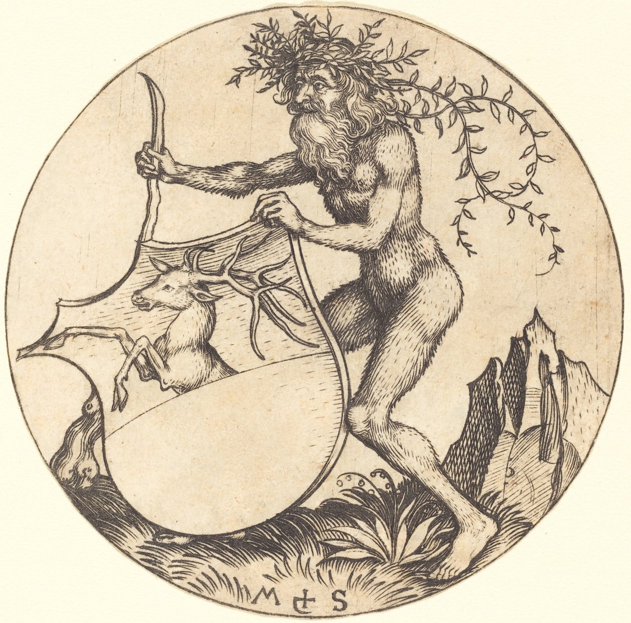 Pajzs szarvassal, Vad ember tartja alkotó: Martin Schongauer