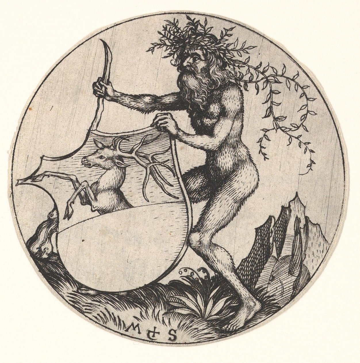 Pajzs szarvassal, amelyet Wild Man tart, kb. 1435-1491. alkotó: Martin Schongauer