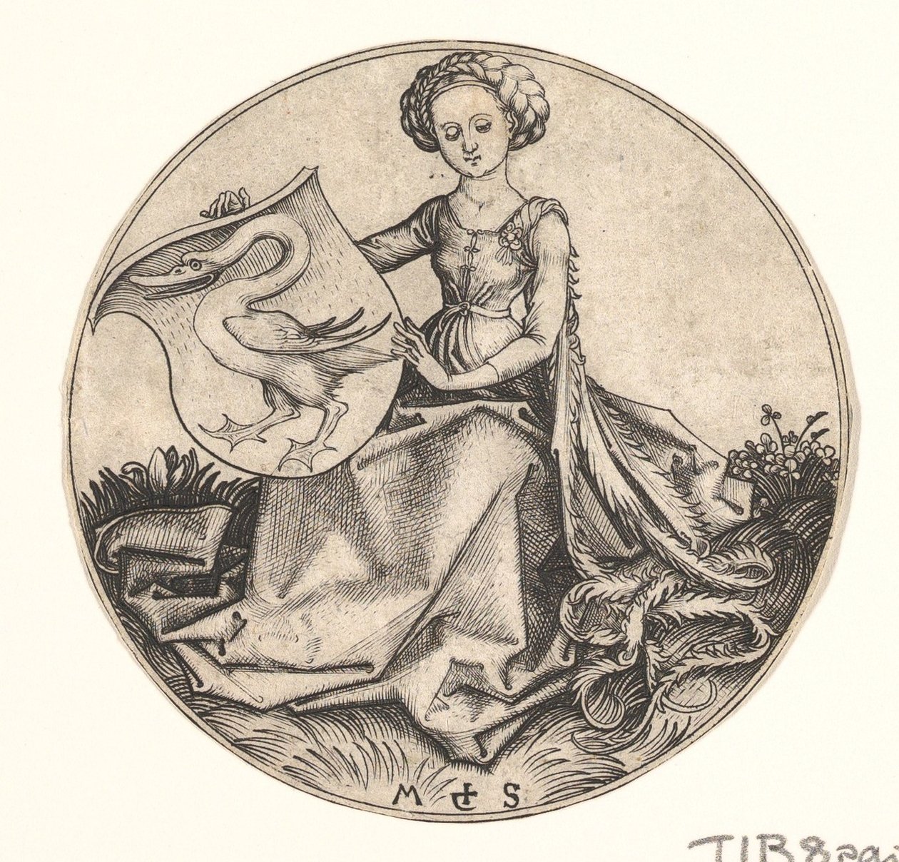 Nő által tartott pajzs hattyúval, kb. 1435-1491. alkotó: Martin Schongauer