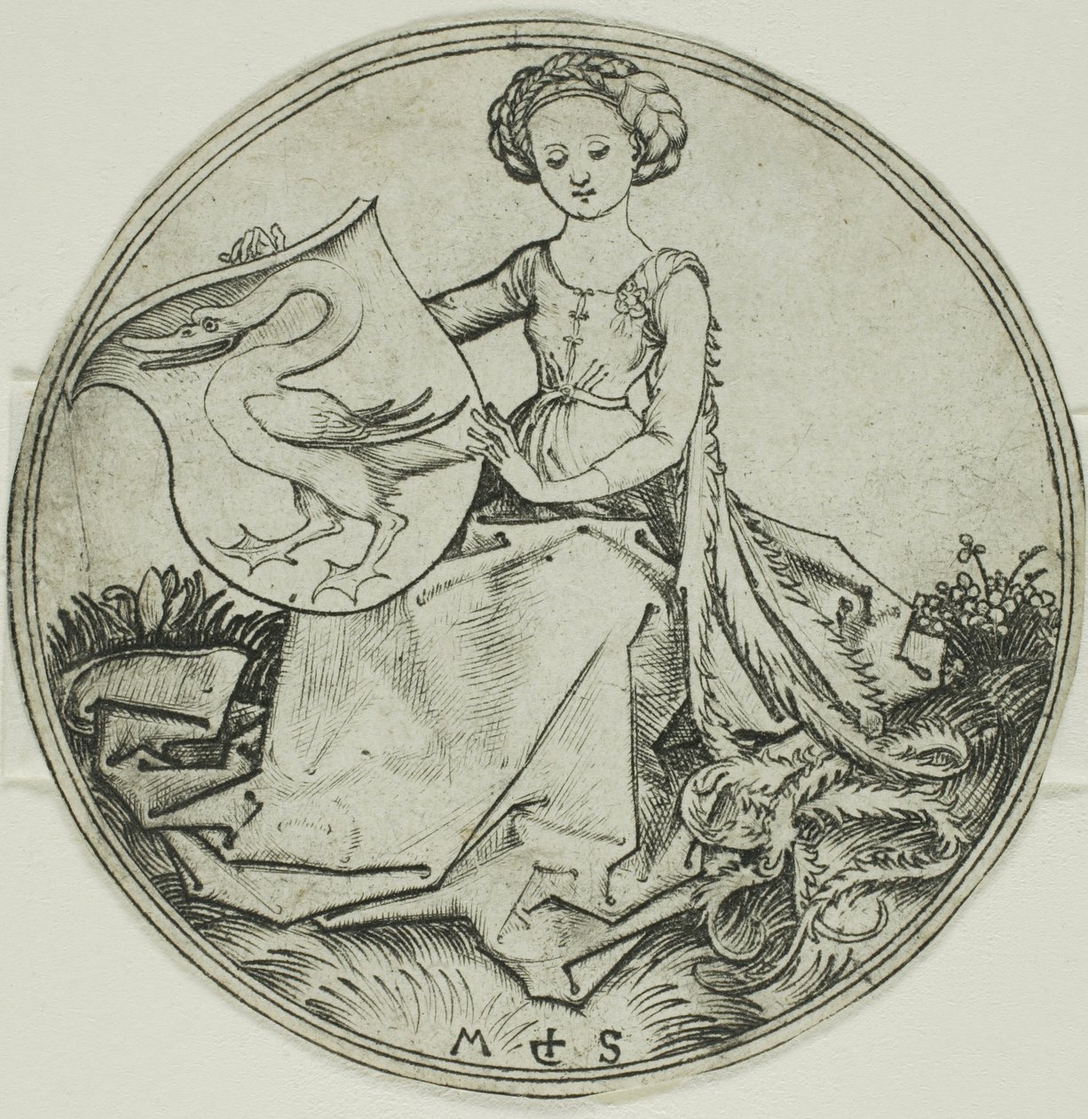 Pajzs egy hattyúval, melyet egy ülő hölgy tart alkotó: Martin Schongauer