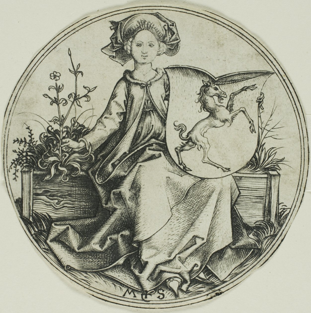 Pajzs egyszarvúval, egy hölgy tartja alkotó: Martin Schongauer