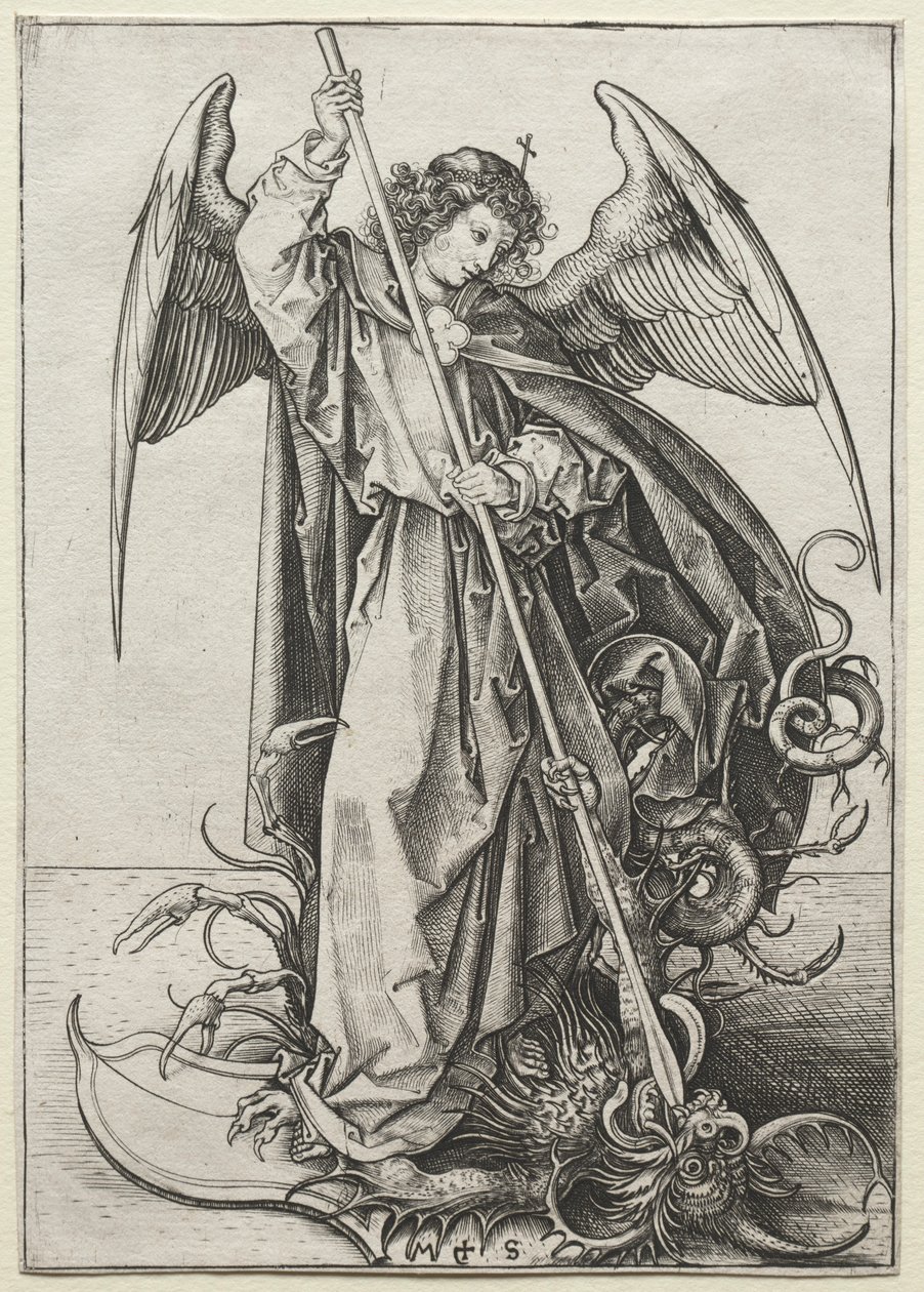 Mihály arkangyal átszúrja a sárkányt, c. 1475. alkotó: Martin Schongauer