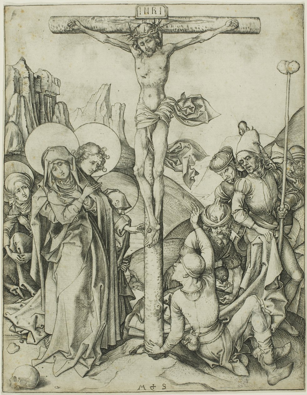 A keresztrefeszítés a szent asszonyokkal, Szent Jánossal és a római katonákkal alkotó: Martin Schongauer