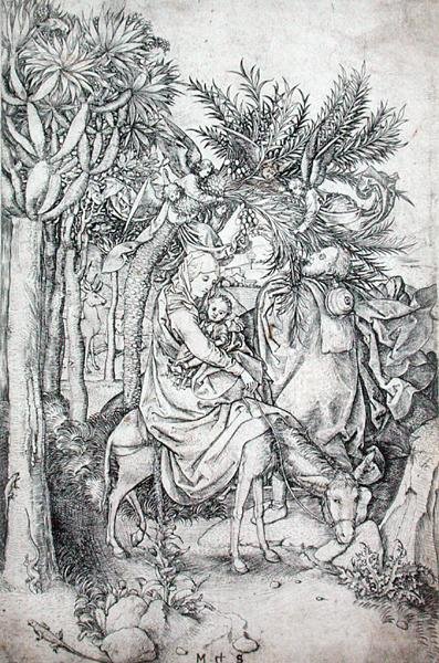 Repülés Egyiptomba, 1470-80 körül (metszet) alkotó: Martin Schongauer