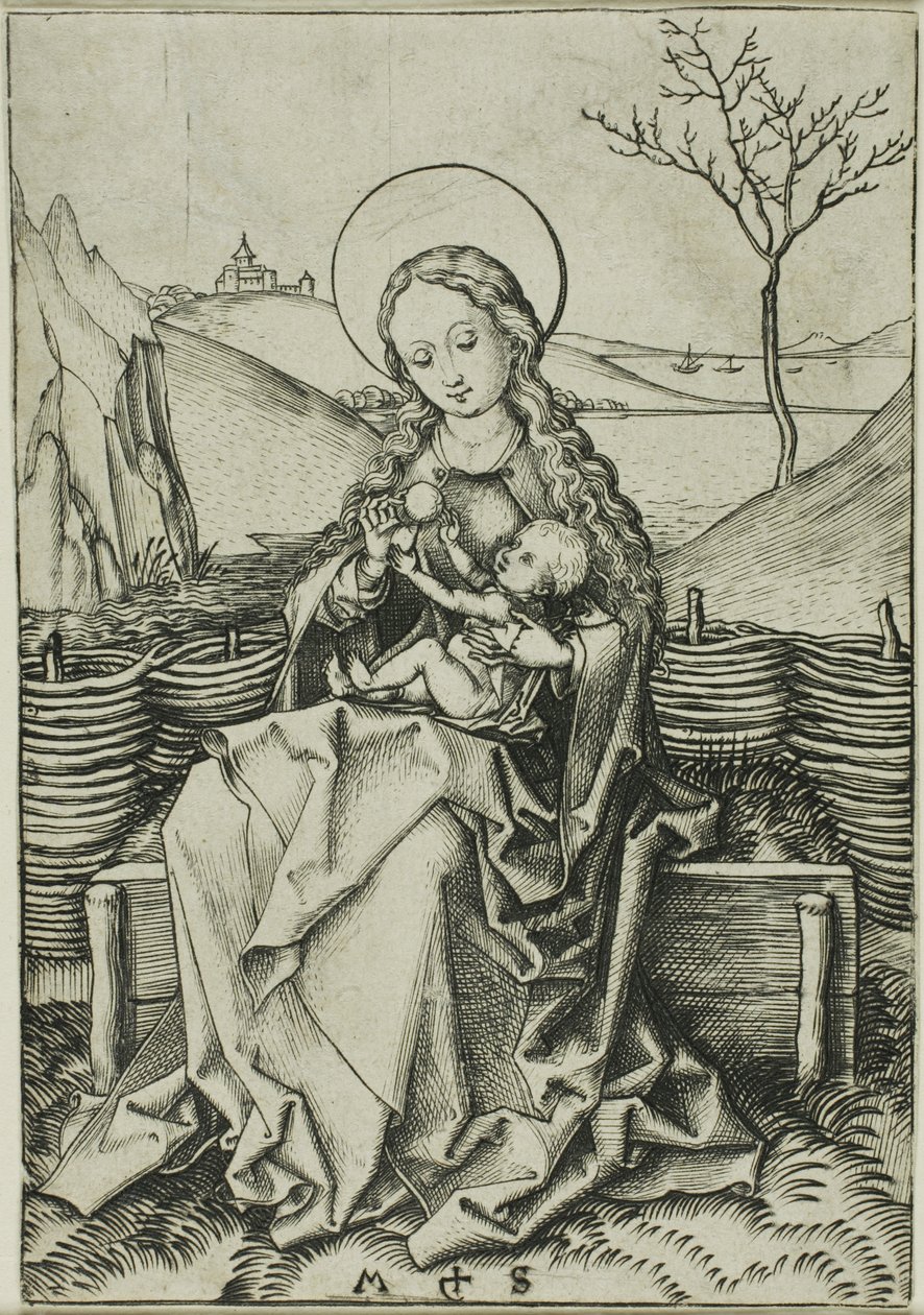 A Madonna és gyermeke egy füves padon alkotó: Martin Schongauer
