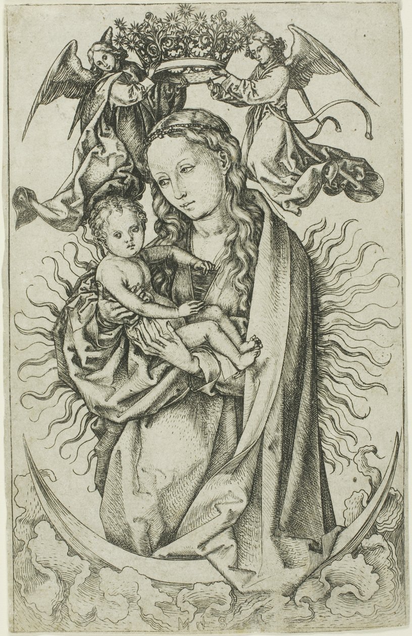 Két angyal által megkoronázott Madonna a félholdon alkotó: Martin Schongauer