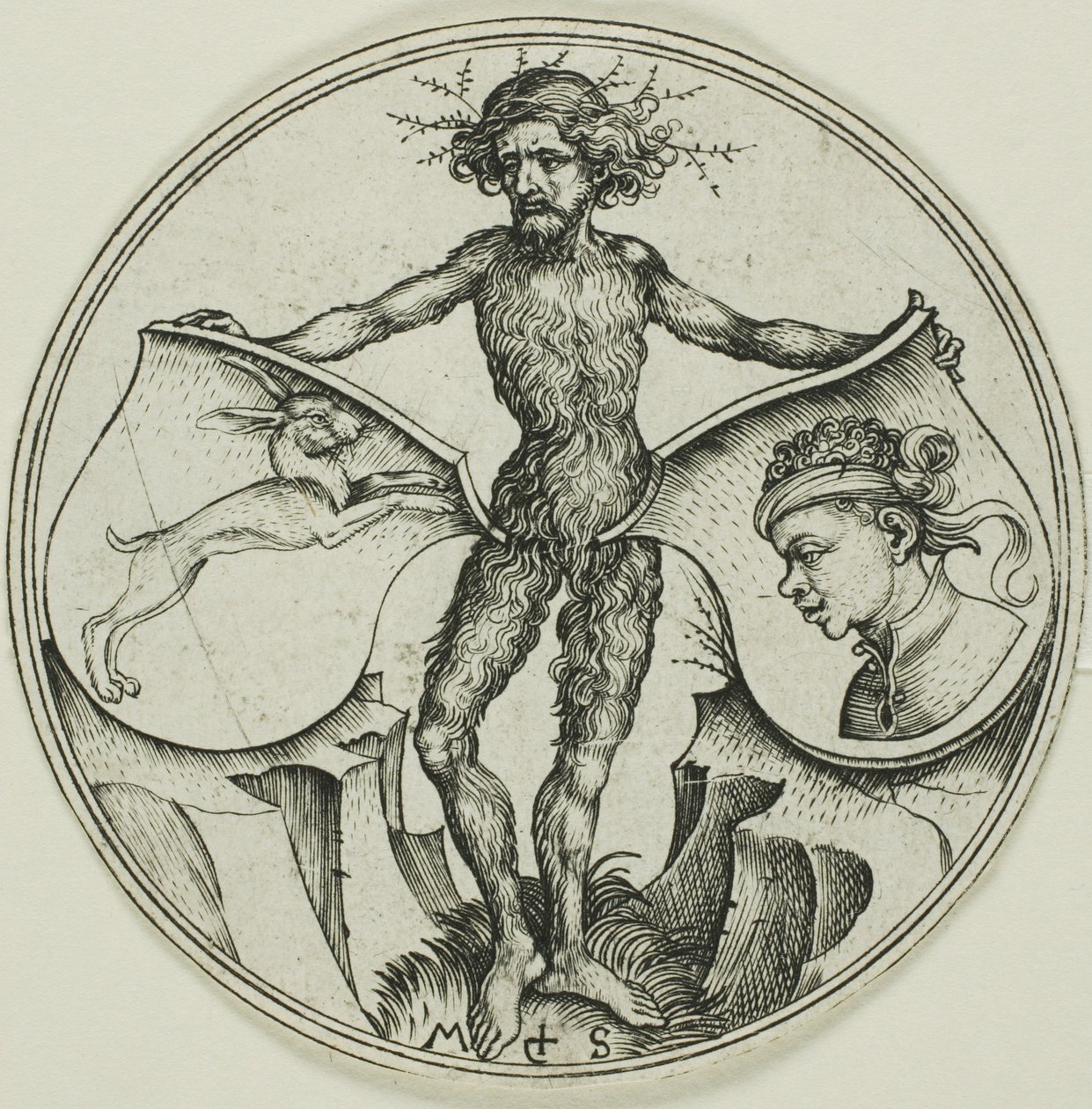 Két pajzs egy nyúllal és egy mór fejével, melyet egy vadember tart a kezében. alkotó: Martin Schongauer