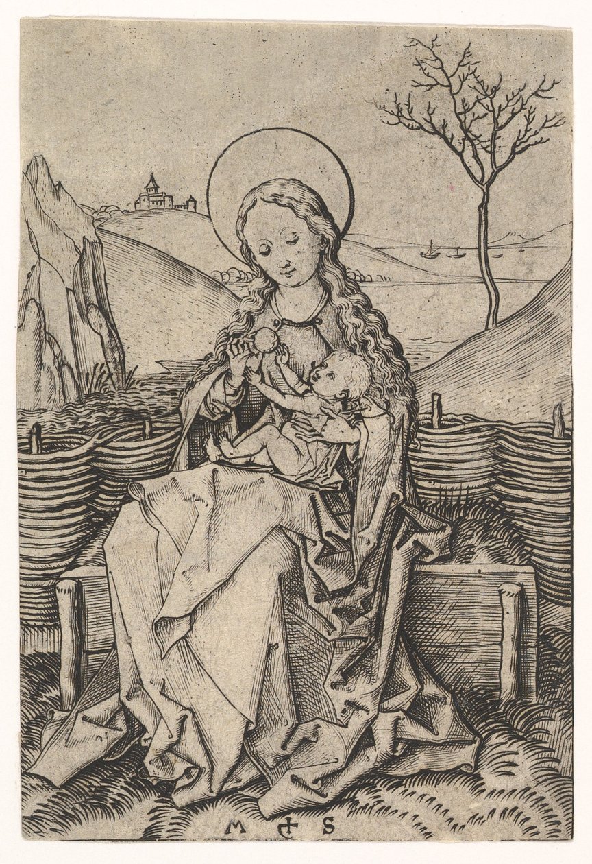 Szűz és gyermek egy füves padon, kb. 1435-1491. alkotó: Martin Schongauer