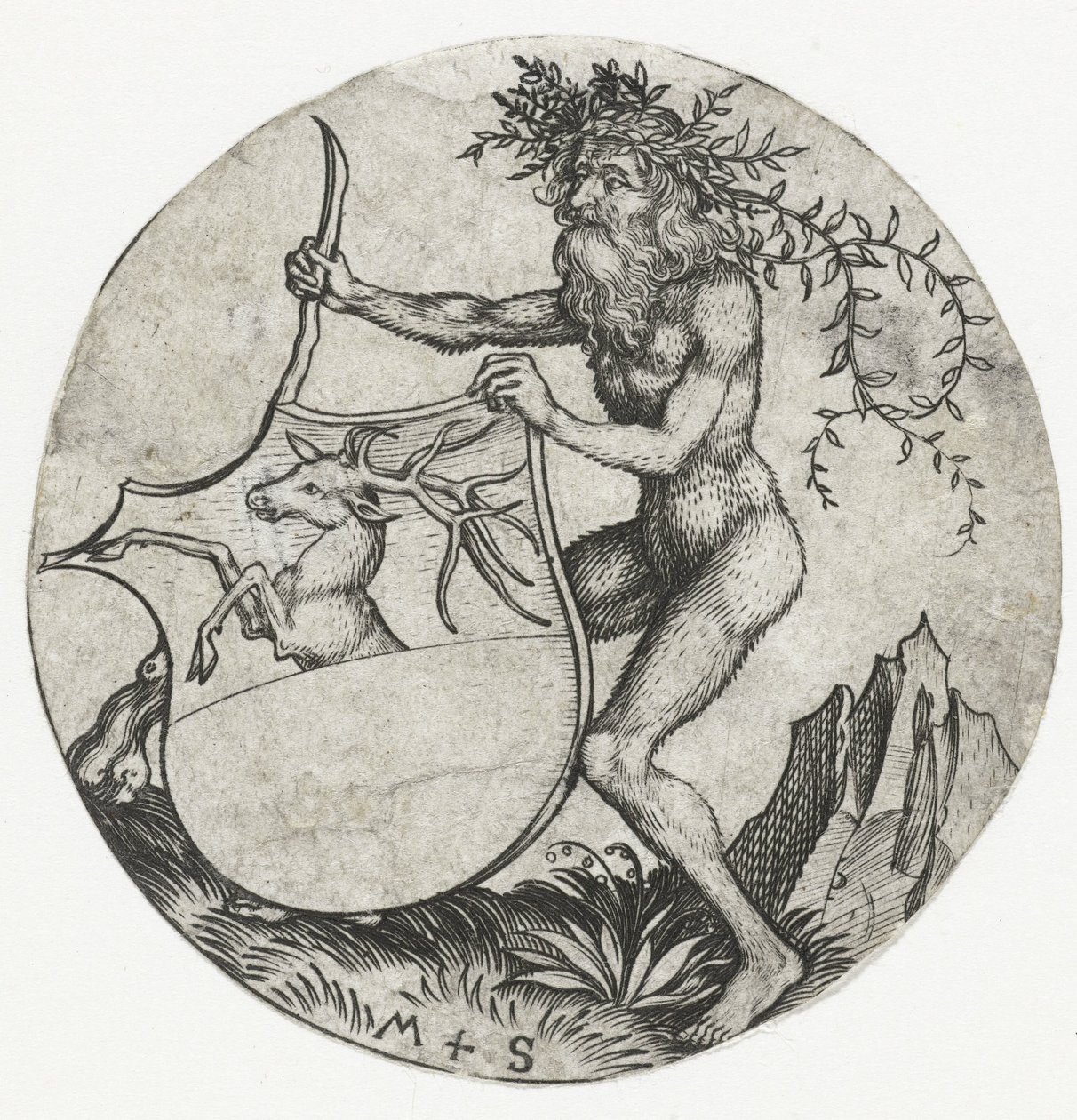 Címer szarvassal, vad ember kezében, bottal Címeres figurák (sorozat címe) alkotó: Martin Schongauer