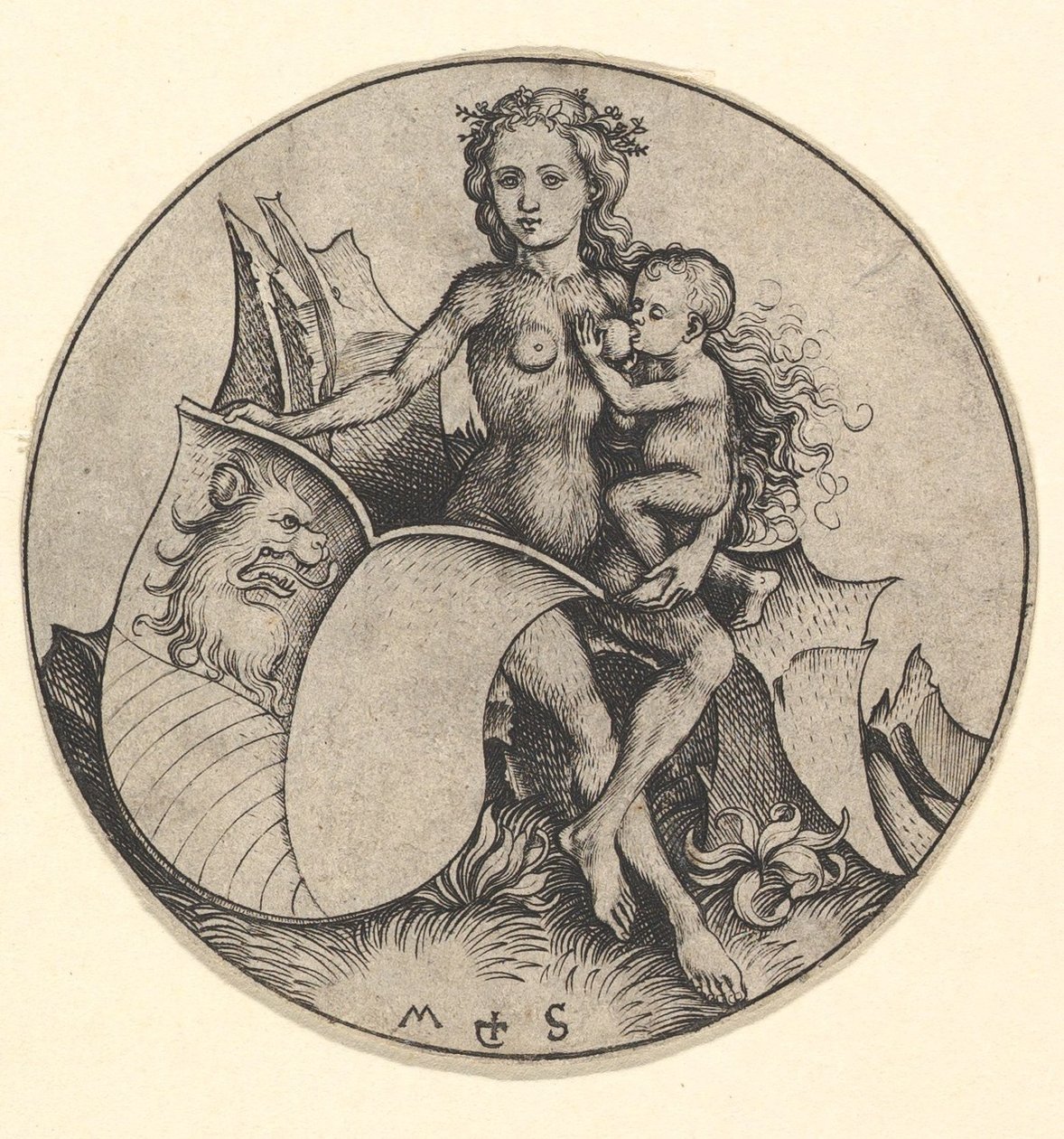 Vad nő pajzsot tart oroszlánfejjel, kb. 1435-1491. alkotó: Martin Schongauer