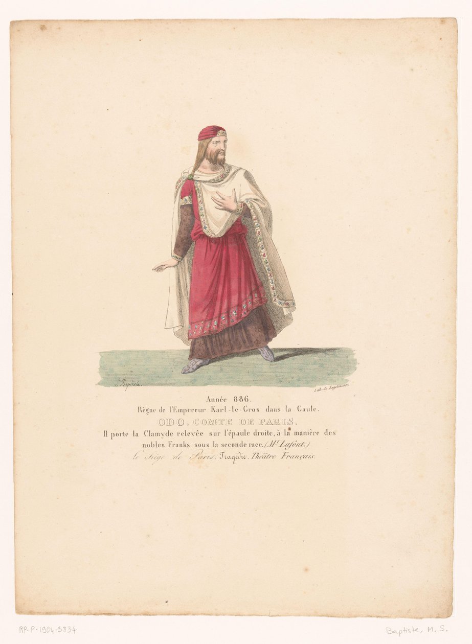 Kostuum van Odo I, koning van West-Francië uit de tragedie The Siege of Paris Odo, Párizs grófja (cím a tárgyon) Theaterkostuums (sorozat címe) Francia Színház: MM jelmezgyűjtemény. J. Alaux és L. Duponchel kéziratos rajzaiból a alkotó: Martin Sylvestre Baptiste