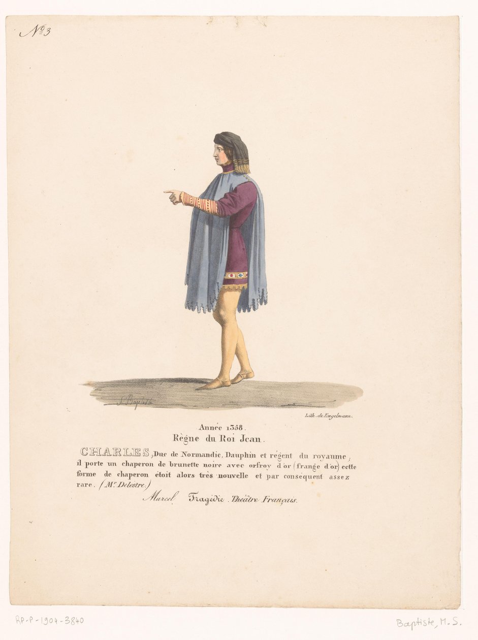 Kostuum van de dauphin Karel van Valois uit de tragédia Marcel Károly, Normandia hercege (cím a tárgyon) Theaterkostuums (sorozat címe) Francia Színház: MM jelmezgyűjtemény. J. Alaux és L. Duponchel a Bibliot kéziratos rajzaiból alkotó: Martin Sylvestre Baptiste