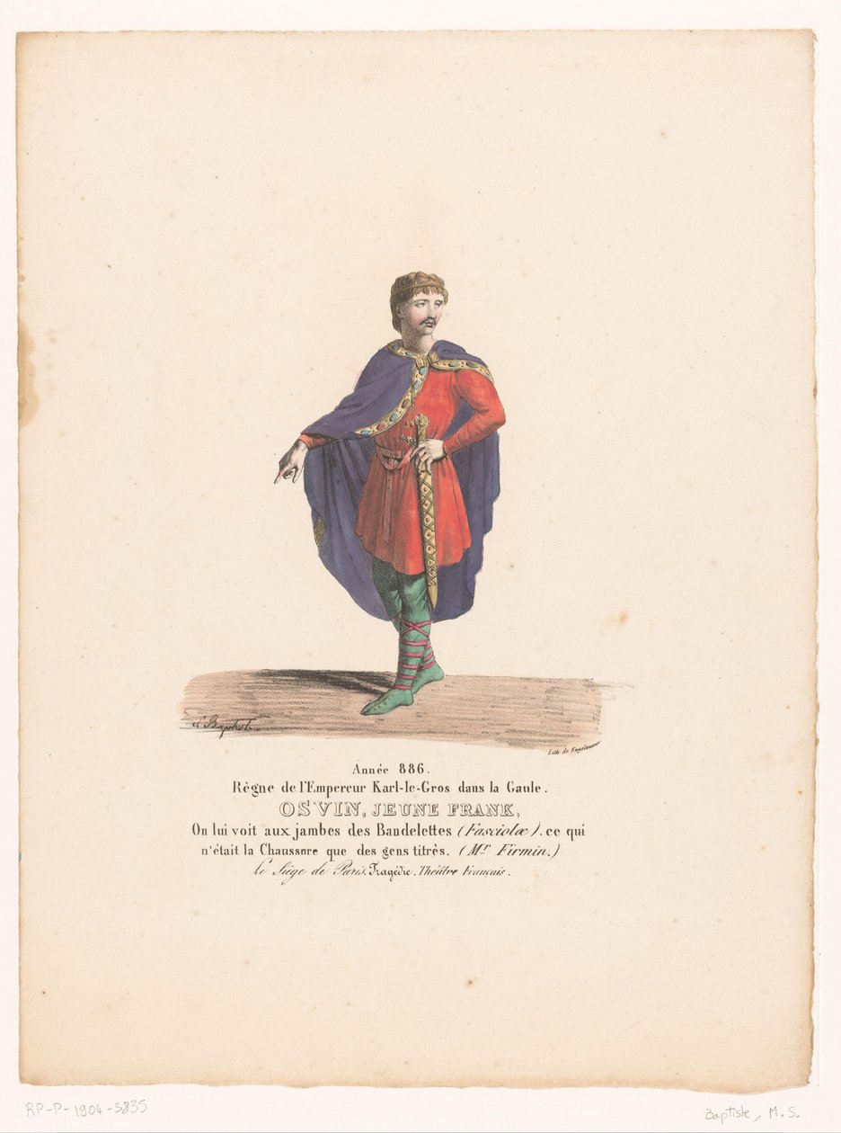 Frank Osvin kosztüm a Párizs ostroma című tragédiában Osvin, fiatal Frank (cím a tárgyon) Theaterkostuums (sorozat címe) Francia Színház: MM jelmezgyűjtemény. J. Alaux és L. Duponchel a Bibliothèq kéziratos rajzaiból alkotó: Martin Sylvestre Baptiste