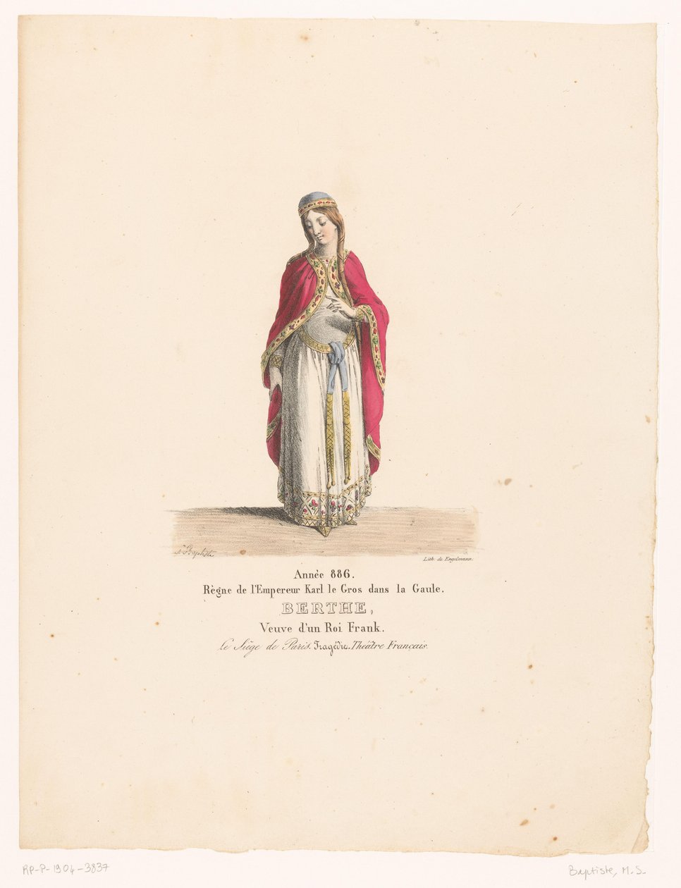 Kostuum van koningin Berthe uit de tragedie The Siege of Paris Berthe (cím a tárgyon) Theaterkostuums (sorozat címe) Francia Színház: MM jelmezgyűjtemény. J. Alaux és L. Duponchel a Bibliothèque de la Comédie kéziratos rajzai alapján alkotó: Martin Sylvestre Baptiste