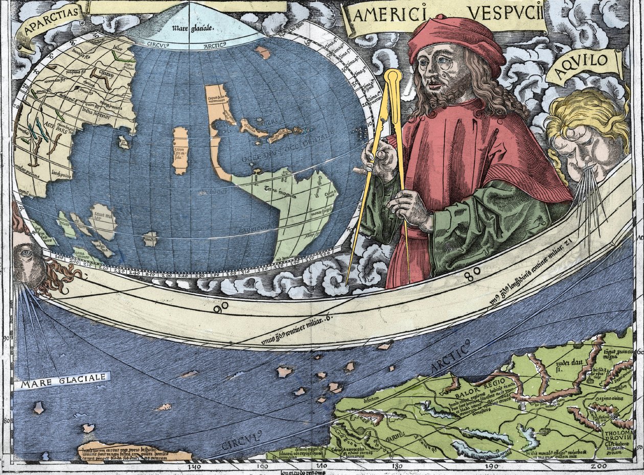 VESPUCCI, Amerigo (1454-1512). Olasz felfedező és térképészet a „Waldseemuller térkép vagy Universalis Cosmographia - (Universal Cosmographia) - Waldseemuller Planisphere” - 1507 -ben alkotó: Martin Waldseemuller