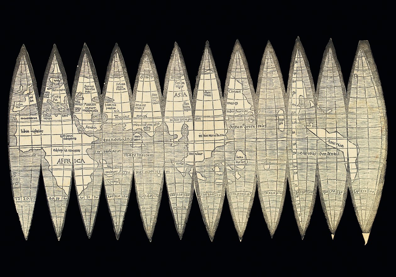 Világtérkép földi gömbölyű készlet formájában, 1507 alkotó: Martin Waldseemuller