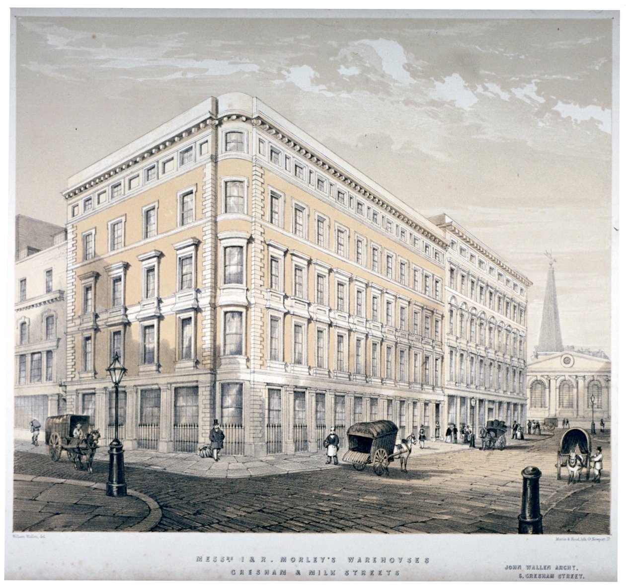 J&R Morley urak raktárai, a Milk Street és a Gresham Street sarka, London, 1840 alkotó: Martin and Hood