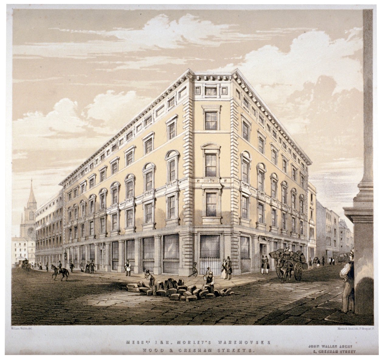 J&R Morley urak raktárai, a Wood Street és a Gresham Street sarka, London, 1840. alkotó: Martin and Hood
