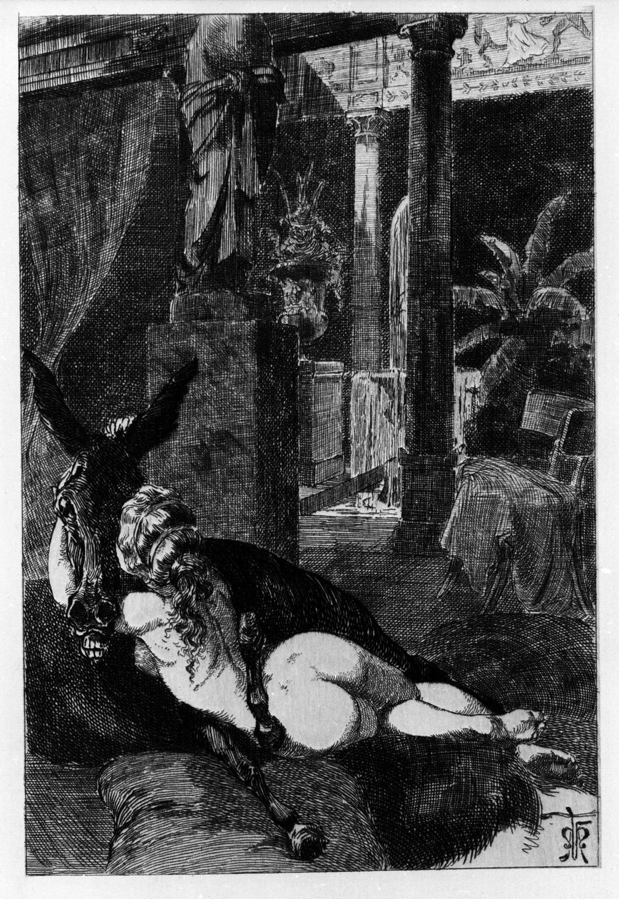 Lucius véletlenül szamárrá változik. Metamorfózisok (Arany szamár vagy Asinus aureus), Apulee (Lucius Apuleius) (125 körül-180 körül) regénye a 2. században. Martin Van Maele vízrézkarata alkotó: Martin van Maele