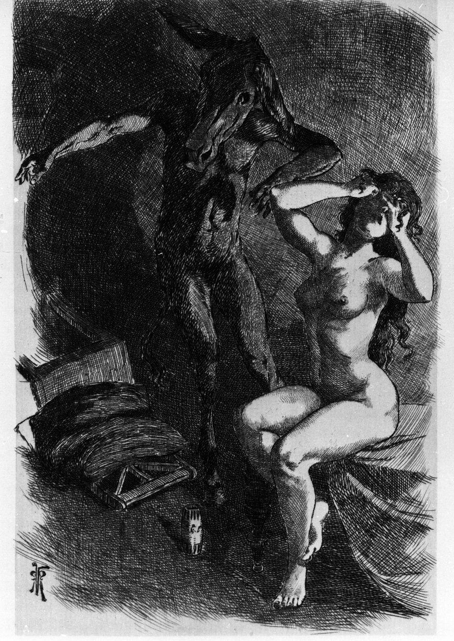 Photis véletlenül Luciust szamárrá alakította Les Metamorphoses (Aranyszamár vagy Asinus aureus), Apulee (Lucius Apuleius) (125-180 körül) regénye a 2. században. Martin Van Maele vízrézkarata alkotó: Martin van Maele