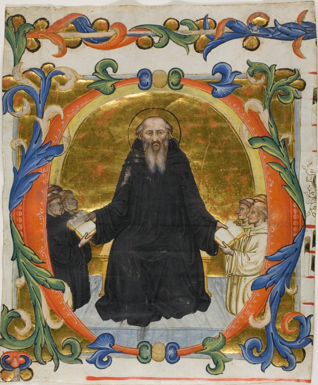 Szent Benedek bemutatja reguláját a bencés és ciszterci szerzeteseknek historiált "O" betűvel egy kóruskönyvből alkotó: Martino di Bartolomeo di Biagio