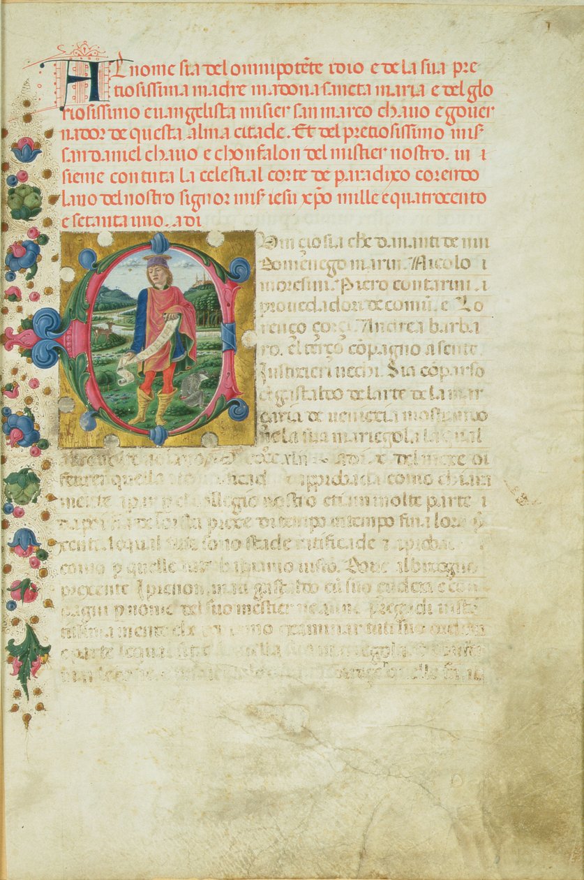 Dániel prófétát tájképben ábrázoló történeti C kezdőbetű, 1471 körül. alkotó: Martino di Giorgio da Modena
