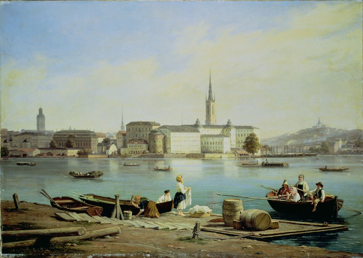 Kilátás Riddarholmenre a Malaven-tavon a Riddarhusettel és a Riddarholmen templommal azon túl, Stockholm alkotó: Martinus Rorbye