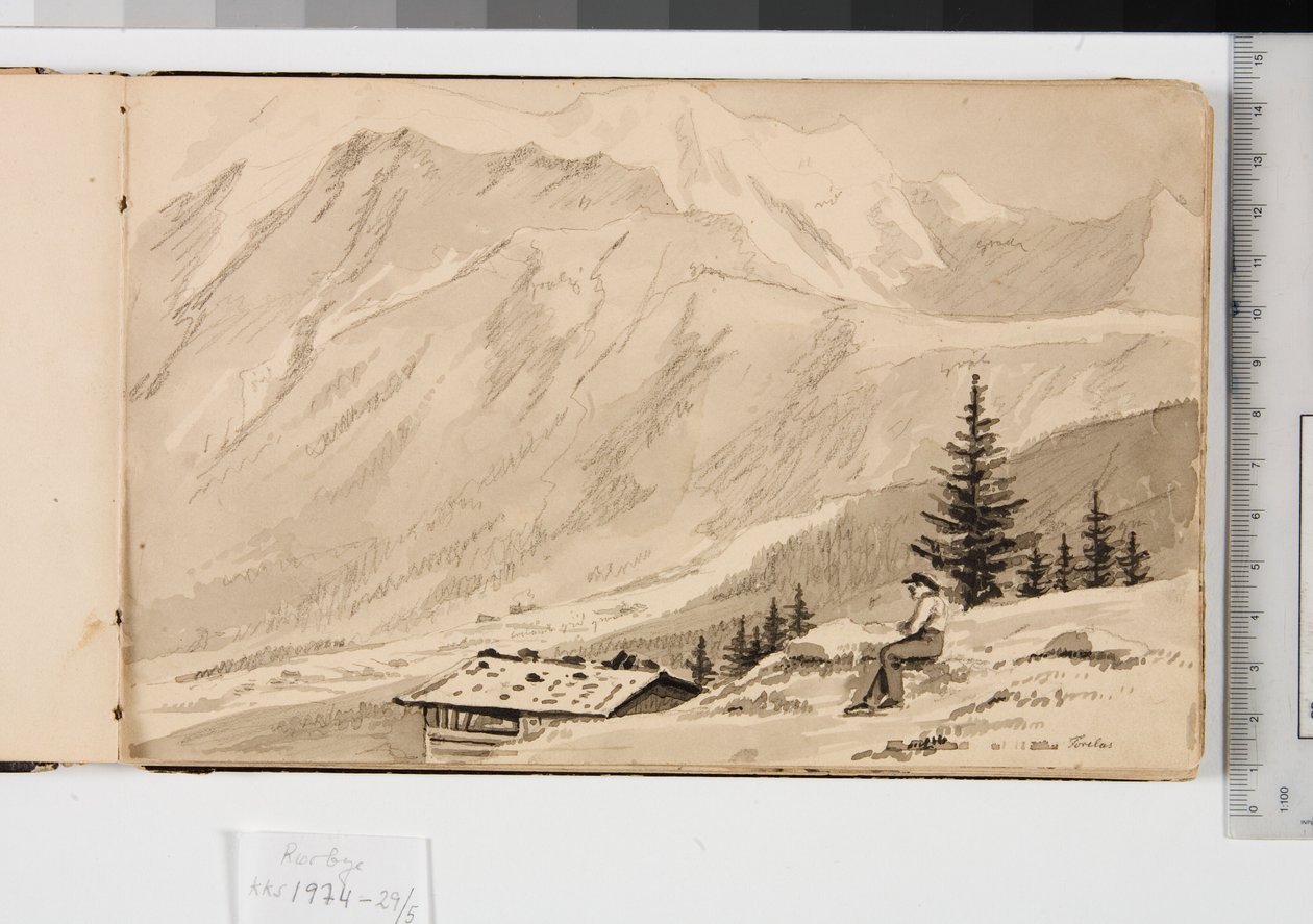Táj Chamonix közelében, Franciaországban. Az előtérben egy tó alkotó: Martinus Rørbye