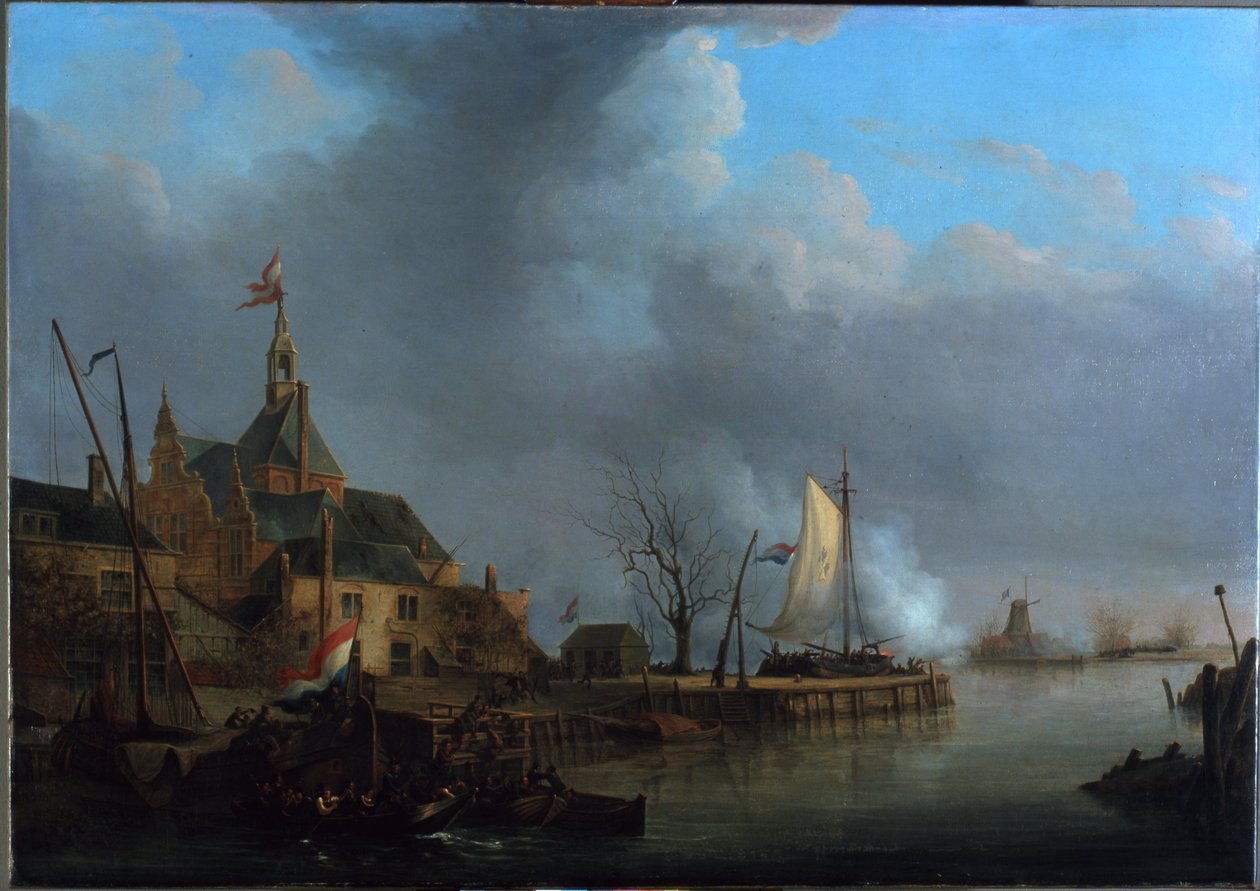 Holland: Dordrecht francia ágyúzása 1813. november 24-én. alkotó: Martinus Schouman